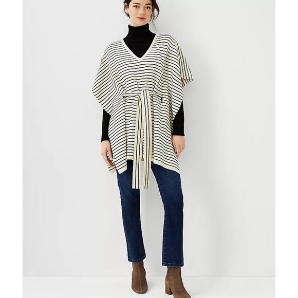 Ann Taylor Sweaters - Ann Taylor Womens Striped Belted Poncho Sweater M/L Cream Navy V Neck Knit